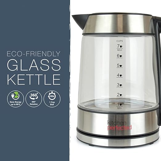 Kitchen Perfected Eco-Friendly Blue Illuminating Cordless Glass Kettle - 1.7Ltr, 2200w