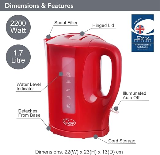 1.7 Litre Electric Kettle/Red/Cord Storage