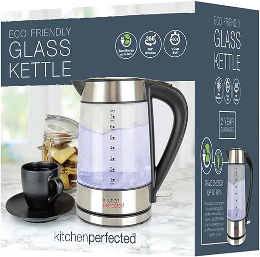 Kitchen Perfected Eco-Friendly Blue Illuminating Cordless Glass Kettle - 1.7Ltr, 2200w