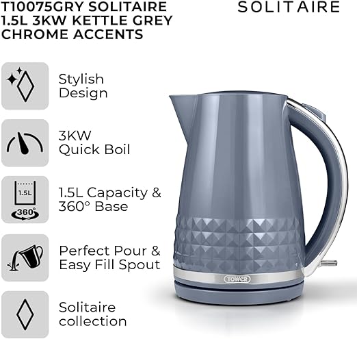 Tower T10075GRY Solitaire Kettle 1.5L 3KW Grey and Chrome Accents