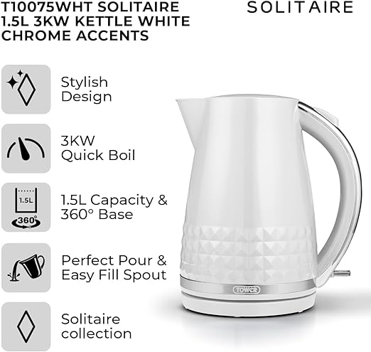 Tower T10075WHT Solitaire Kettle 1.5L 3KW White and Chrome Accents