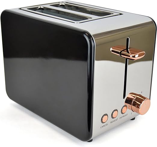 Kitchen Perfected 2 Slice Wide Slot Toaster, Black Stainless Steel with rose gold accents