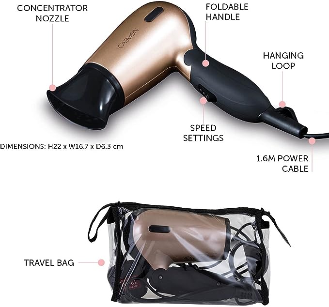 Travel Hair Dryer with Concentrator Nozzle, Travel Bag, 1200 W, Black and Rose Gold