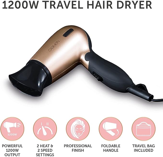 Travel Hair Dryer with Concentrator Nozzle, Travel Bag, 1200 W, Black and Rose Gold