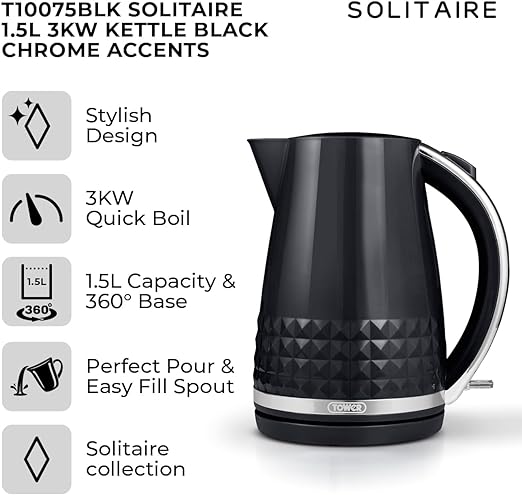 Tower T10075BLK Solitaire Kettle 1.5L 3KW Black and Chrome Accents