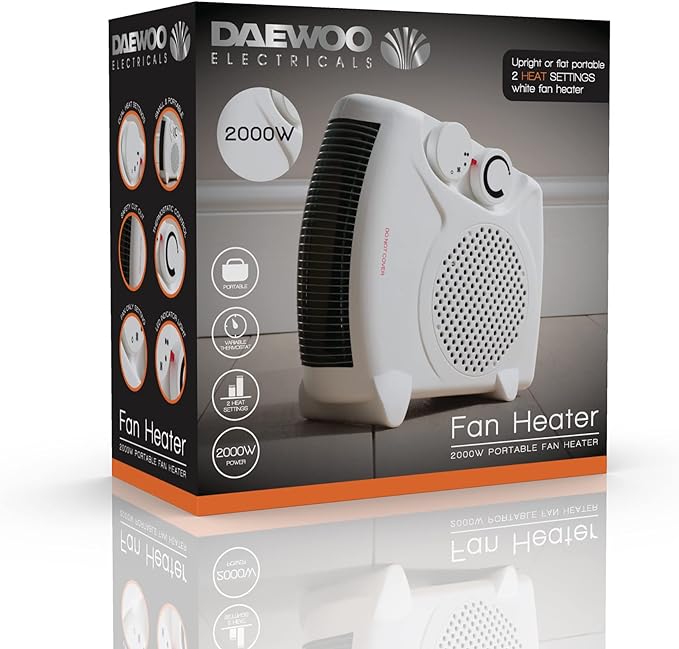 Flat Upright Electric Fan Heater | 2000 Watts | White