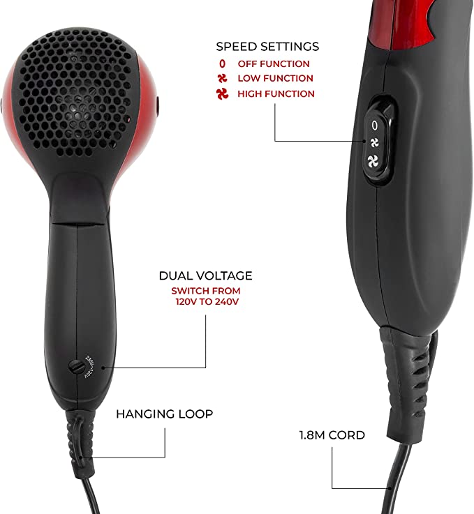 Red Hot 37070 1200W Travel Hair Dryer With Folding Handle / Red Coloured