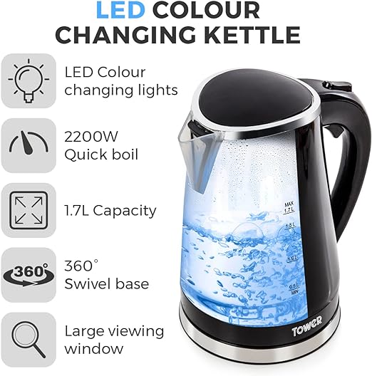 LED Colour Changing Kettle, 1.7L, 2200W, Black