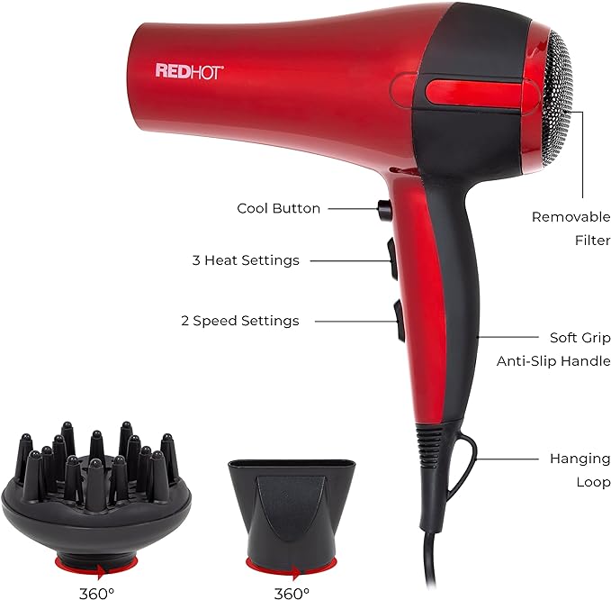 Red Hot 37010 2200W Professional Hair Dryer With Diffuser & Concentrator Nozzles / Red Coloured