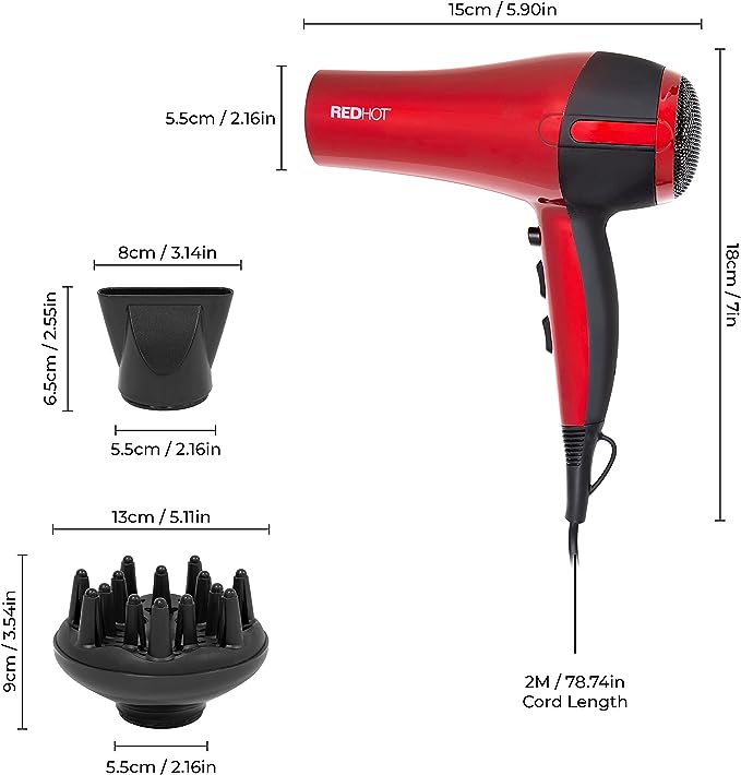 Red Hot 37010 2200W Professional Hair Dryer With Diffuser & Concentrator Nozzles / Red Coloured