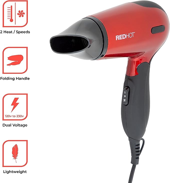 Red Hot 37070 1200W Travel Hair Dryer With Folding Handle / Red Coloured