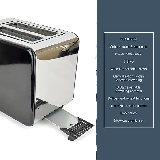 Kitchen Perfected 2 Slice Wide Slot Toaster, Black Stainless Steel with rose gold accents