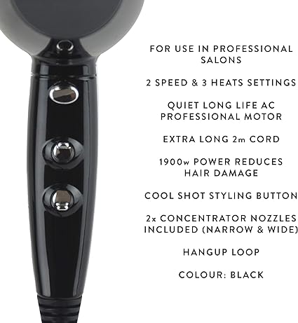 Professional 1900w AC Hairdryer with 3 Heat Settings -Black